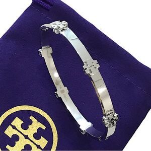 TORY BURCH STUDDED SILVER DOUBLE T LOGO BRACELET